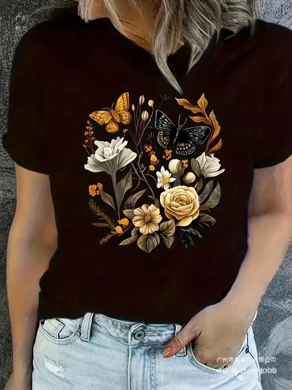 Női laza nyári rövid ujjú T‑póló pillangó és virág mintával, kerek nyak, pamut + 95% poliészter / 5% elasztán keverék, 2025 nyár