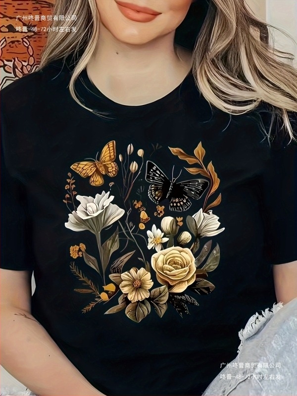 Női laza nyári rövid ujjú T‑póló pillangó és virág mintával, kerek nyak, pamut + 95% poliészter / 5% elasztán keverék, 2025 nyár