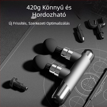 Izommasszázs pisztoly 6+ fejjel, kefés motor, beépített 1200–2000 mAh akkumulátor, kompakt, többszintű sebesség, zaj < 36 dB