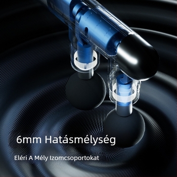 Izommasszázs pisztoly 6+ fejjel, kefés motor, beépített 1200–2000 mAh akkumulátor, kompakt, többszintű sebesség, zaj < 36 dB