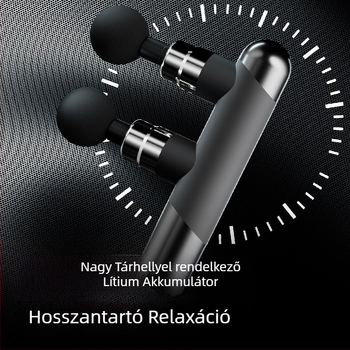 Izommasszázs pisztoly 6+ fejjel, kefés motor, beépített 1200–2000 mAh akkumulátor, kompakt, többszintű sebesség, zaj < 36 dB