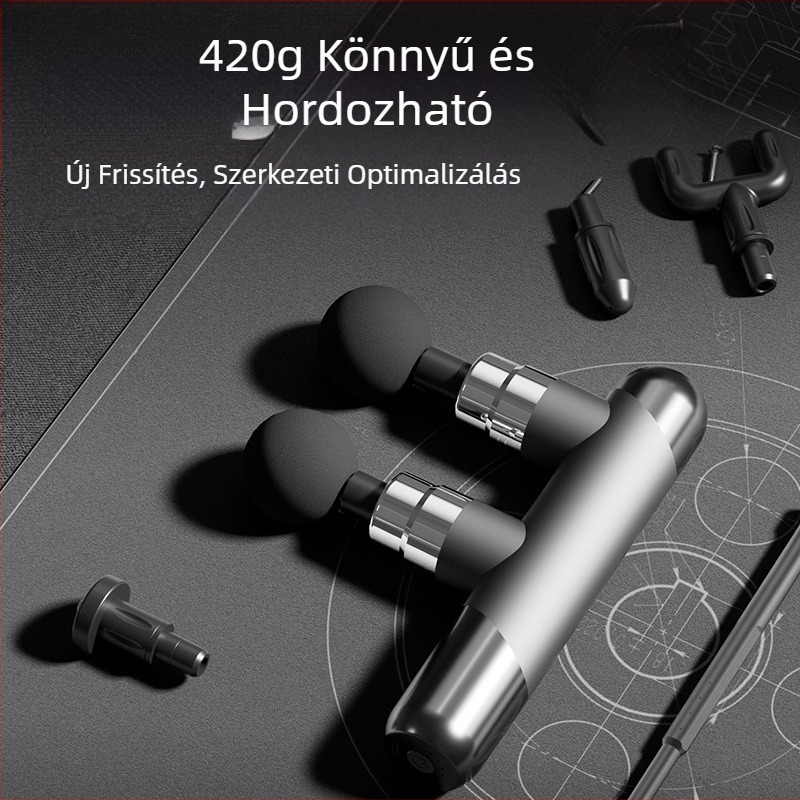 Izommasszázs pisztoly 6+ fejjel, kefés motor, beépített 1200–2000 mAh akkumulátor, kompakt, többszintű sebesség, zaj < 36 dB