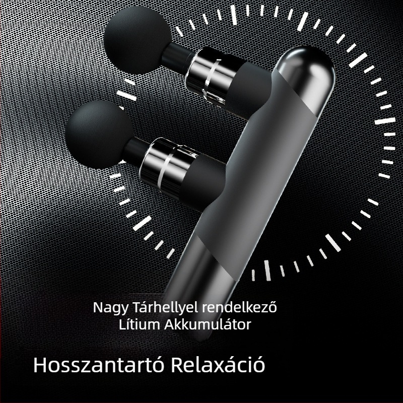 Izommasszázs pisztoly 6+ fejjel, kefés motor, beépített 1200–2000 mAh akkumulátor, kompakt, többszintű sebesség, zaj < 36 dB