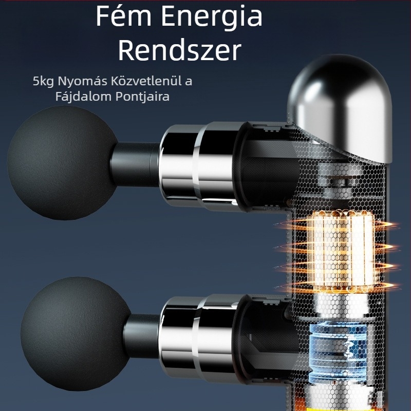 Izommasszázs pisztoly 6+ fejjel, kefés motor, beépített 1200–2000 mAh akkumulátor, kompakt, többszintű sebesség, zaj < 36 dB
