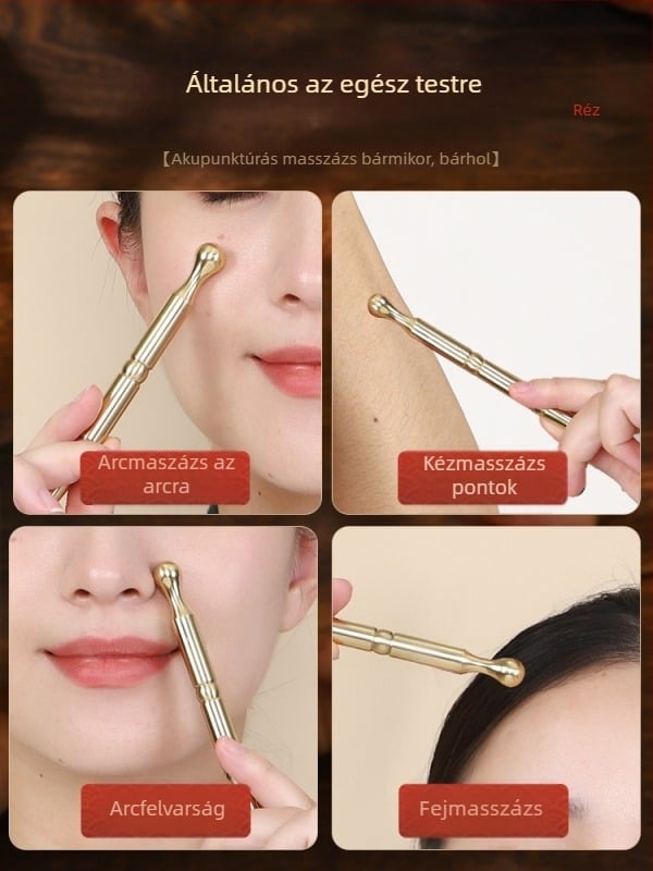 Réz hosszú akupont-szár lábmasszázshoz – akupressziós eszköz meridián-térképpel és védőfedéllel