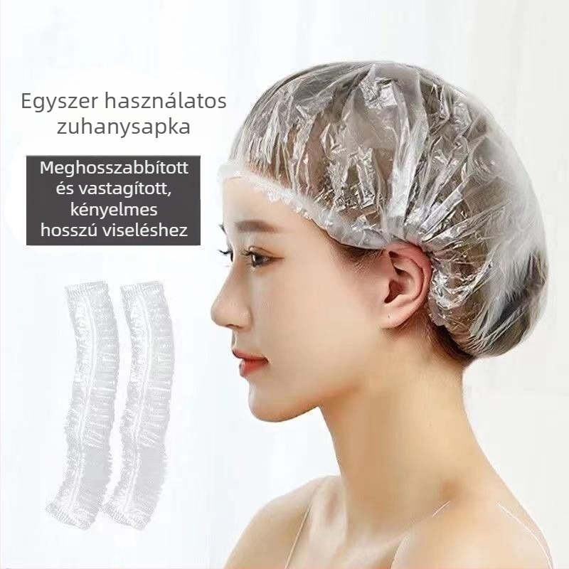 Egyszer használatos zuhanysapka, vízálló és olajálló, átlátszó PE anyag, univerzális, normál vastagság