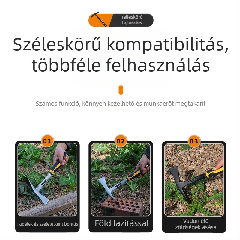 Egyszemélyes kialakítású, többfunkciós csákány — hegyes és sík élű pengével, ütőfunkció külső kertészeti használatra