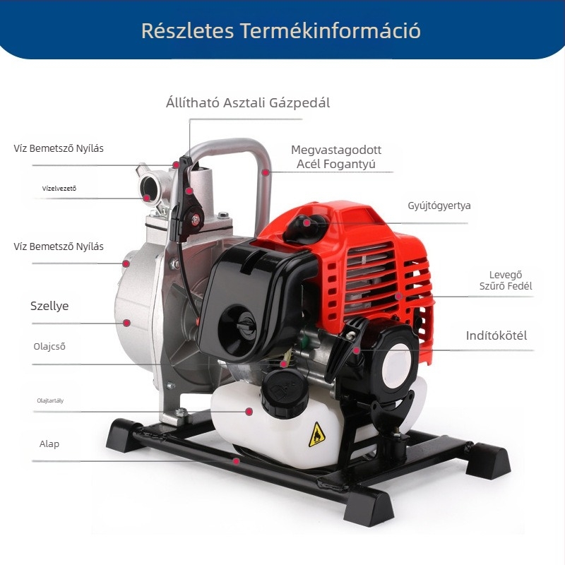 Benzinüzemű öntözőpumpa, hordozható, nagy áramlás, magas emelés, magas nyomás