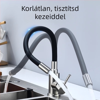 Szálcsiszolt rozsdamentes acél konyhai csaptele, meleg és hideg víz, kerámiakorongos szelep, emelő típusú nyitás