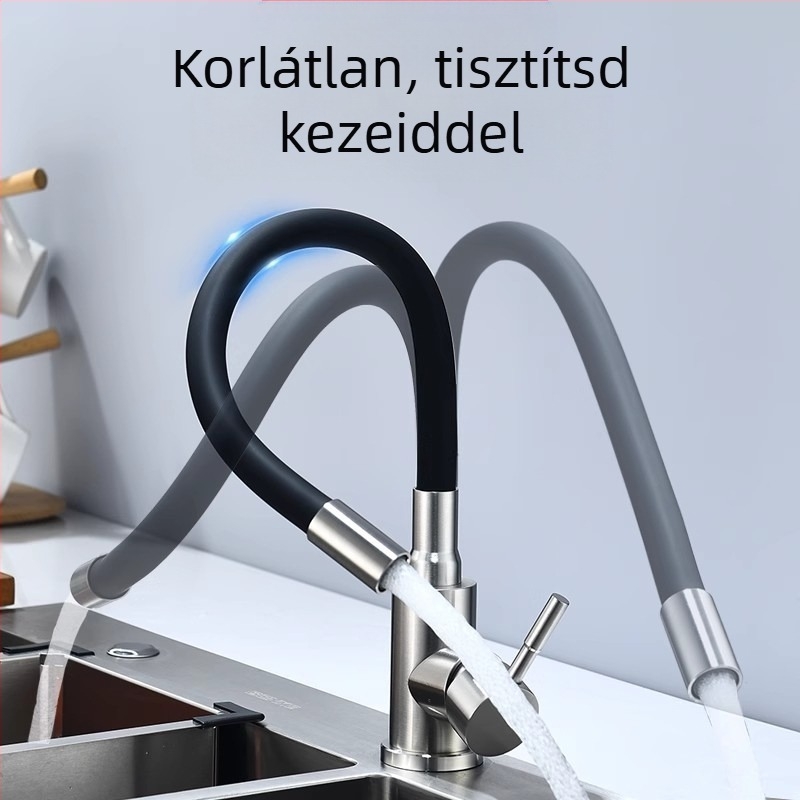 Szálcsiszolt rozsdamentes acél konyhai csaptele, meleg és hideg víz, kerámiakorongos szelep, emelő típusú nyitás