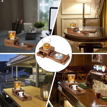 Szivaros hamutál, fa, whiskey pohár tartóval, acélcsatornás fiók és szivarvágó