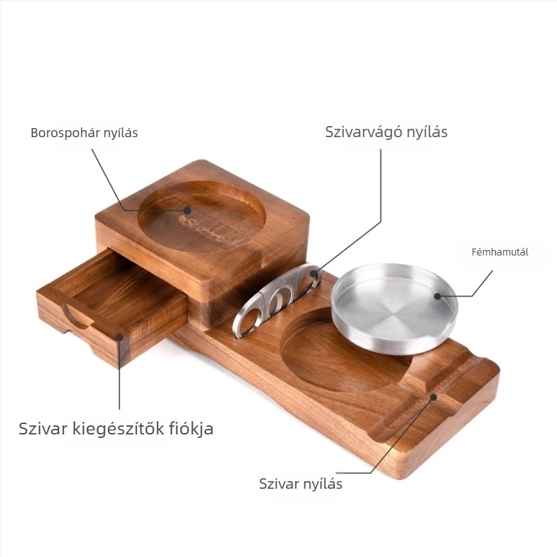 Szivaros hamutál, fa, whiskey pohár tartóval, acélcsatornás fiók és szivarvágó