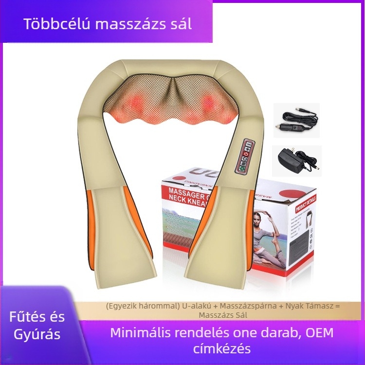 nyaki-, váll- és hátmasszírozó, 8 fej, forró-kompressziós üzemmód, AC tápegység, modell HF-P07, időzítő, 3 fokozat