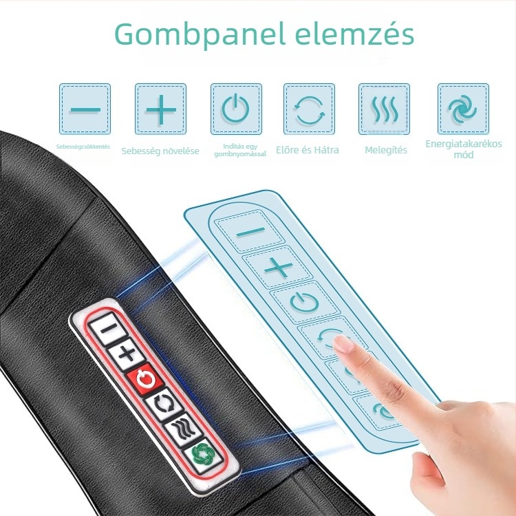 nyaki-, váll- és hátmasszírozó, 8 fej, forró-kompressziós üzemmód, AC tápegység, modell HF-P07, időzítő, 3 fokozat