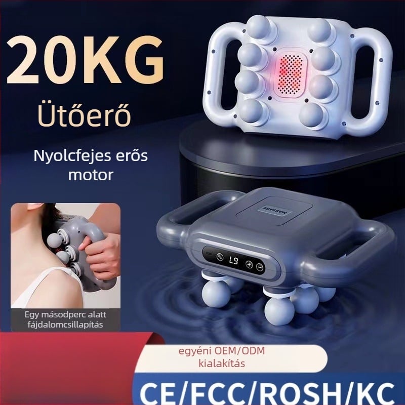 Szakmai hordozható masszázsgép 6+ fejjel, kefés motor, LCD kijelző, 5+ sebesség, újratölthető, alacsony zaj.