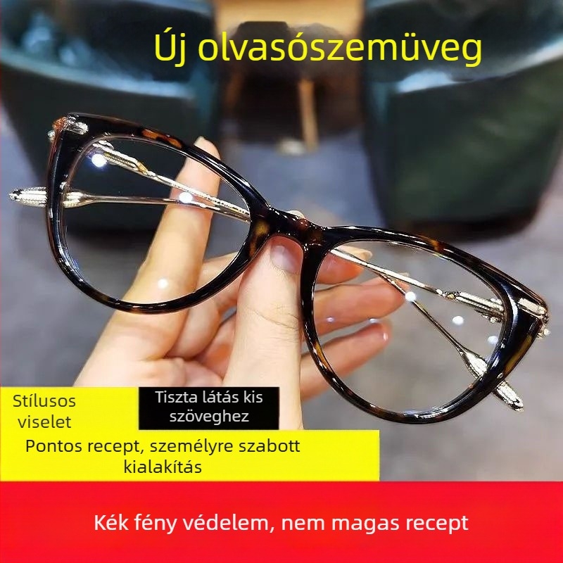 Olvasószemüveg, cat-eye keret, gyantából készült lencsék kékfény elleni védelemmel, teljes keret, műanyag-ötvözet keret