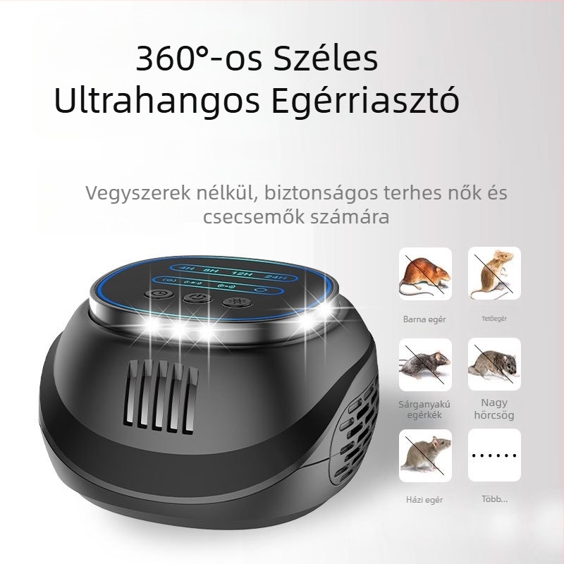 Időzítővel ellátott ultrahangos riasztó egerek és csótányok ellen, négy oldalú villanófényekkel, négyzetes test, 220V, 5W