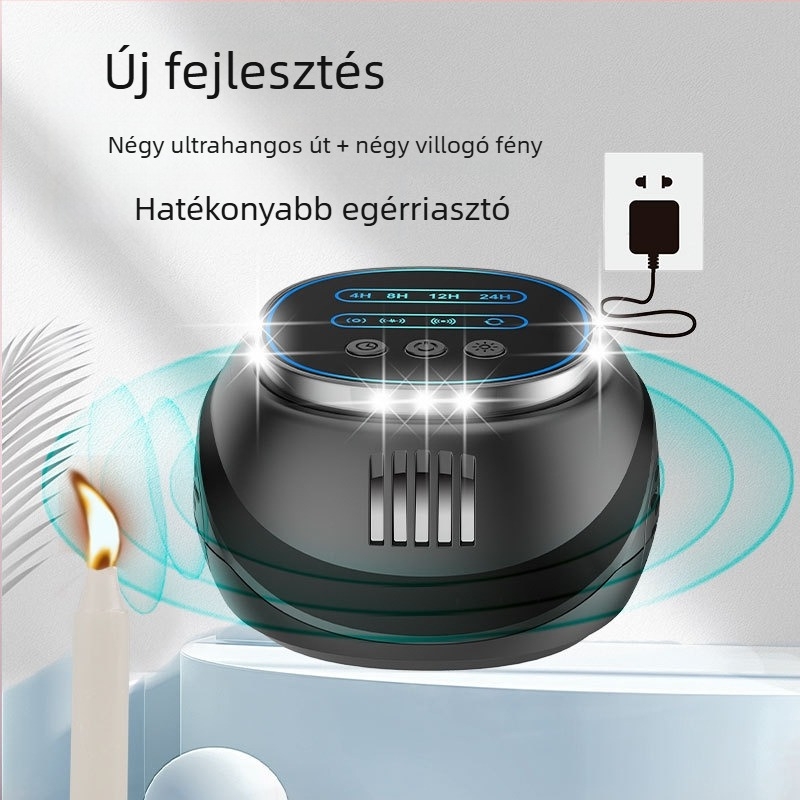 Időzítővel ellátott ultrahangos riasztó egerek és csótányok ellen, négy oldalú villanófényekkel, négyzetes test, 220V, 5W