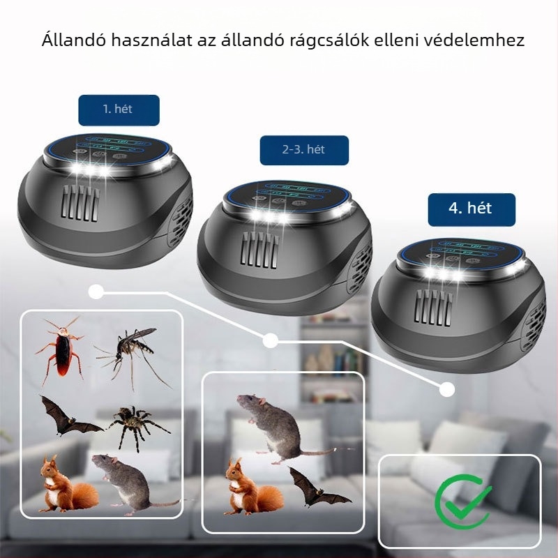 Időzítővel ellátott ultrahangos riasztó egerek és csótányok ellen, négy oldalú villanófényekkel, négyzetes test, 220V, 5W