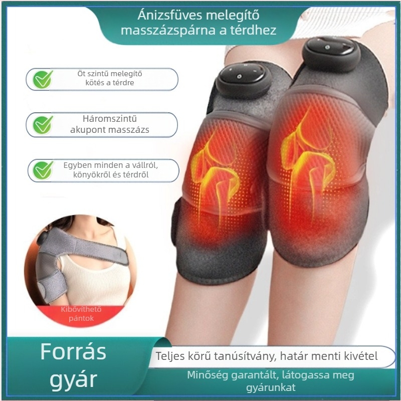 Melegítő térd- és vállmasszírozó forró kompresszióval és vibrációval, 5V, 7W, 45–65°C