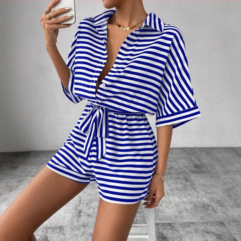 Csíkos poliészter overál, laza hétköznapi stílus, 3/4-es ujjú és öv