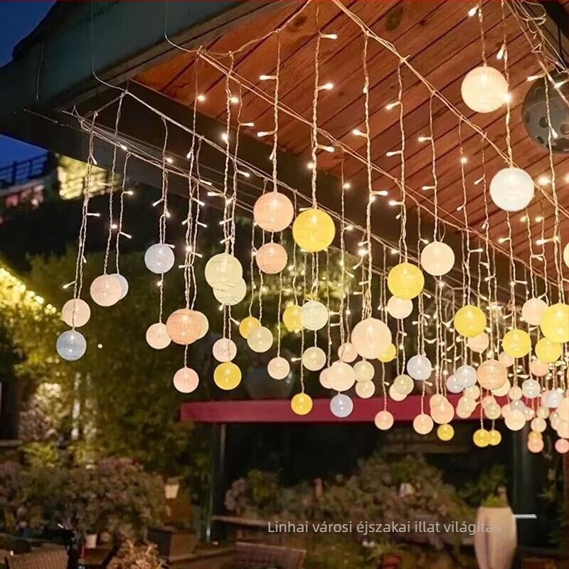 Kültéri LED pamutgolyó függönyfény – napelemes, IP43, 72 LED, 2700K melegfehér, élettartam 60000h