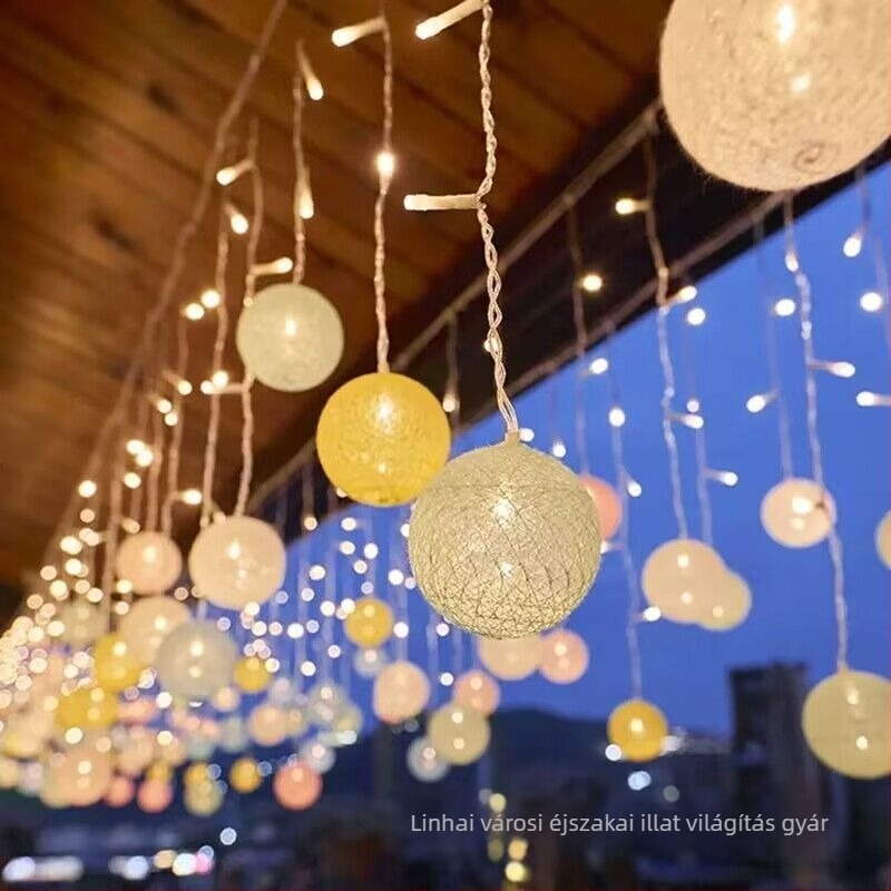 Kültéri LED pamutgolyó függönyfény – napelemes, IP43, 72 LED, 2700K melegfehér, élettartam 60000h