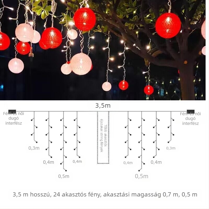 Kültéri LED pamutgolyó függönyfény – napelemes, IP43, 72 LED, 2700K melegfehér, élettartam 60000h