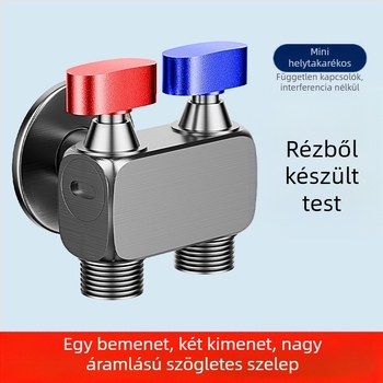 Szögletes csap mosógéphez, nagy átfolyású, 1 bemenet / 2 kimenetek, réz, falba építhető, vízleállító funkcióval