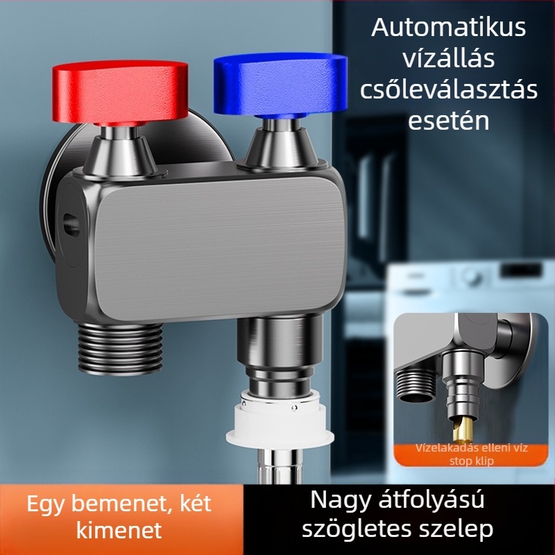 Szögletes csap mosógéphez, nagy átfolyású, 1 bemenet / 2 kimenetek, réz, falba építhető, vízleállító funkcióval