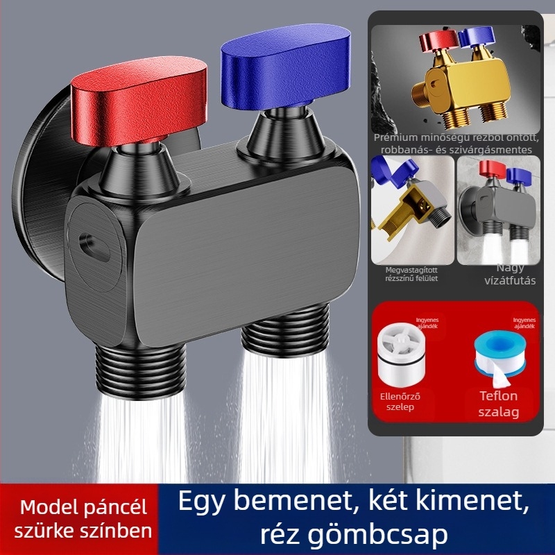 Szögletes csap mosógéphez, nagy átfolyású, 1 bemenet / 2 kimenetek, réz, falba építhető, vízleállító funkcióval