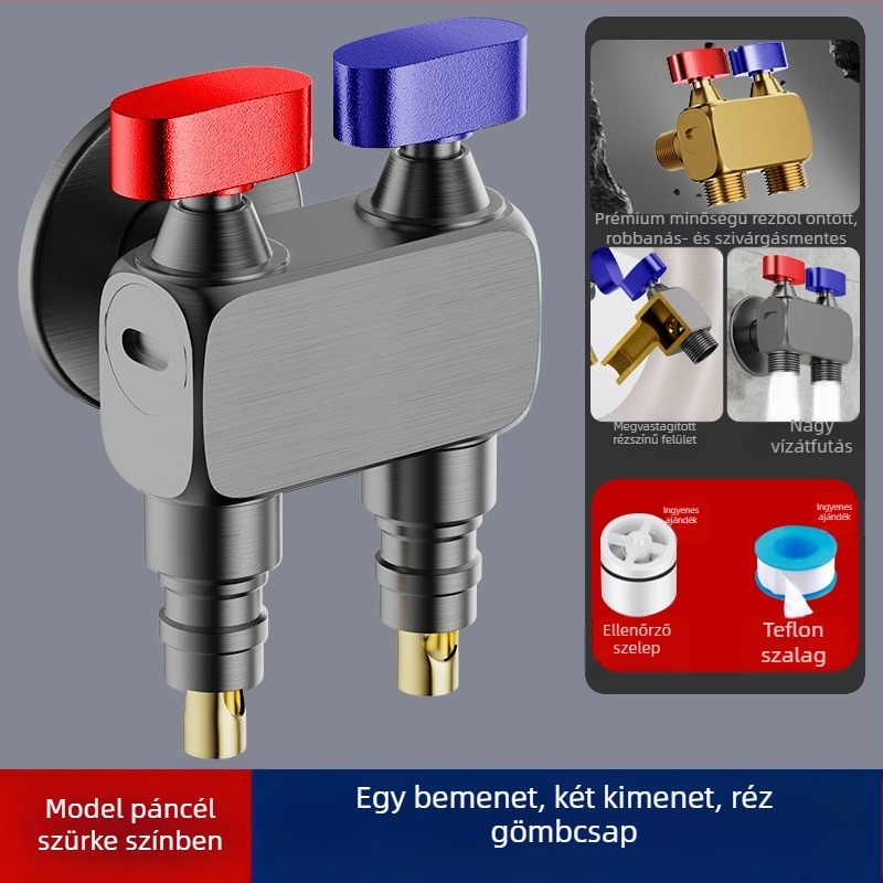 Szögletes csap mosógéphez, nagy átfolyású, 1 bemenet / 2 kimenetek, réz, falba építhető, vízleállító funkcióval