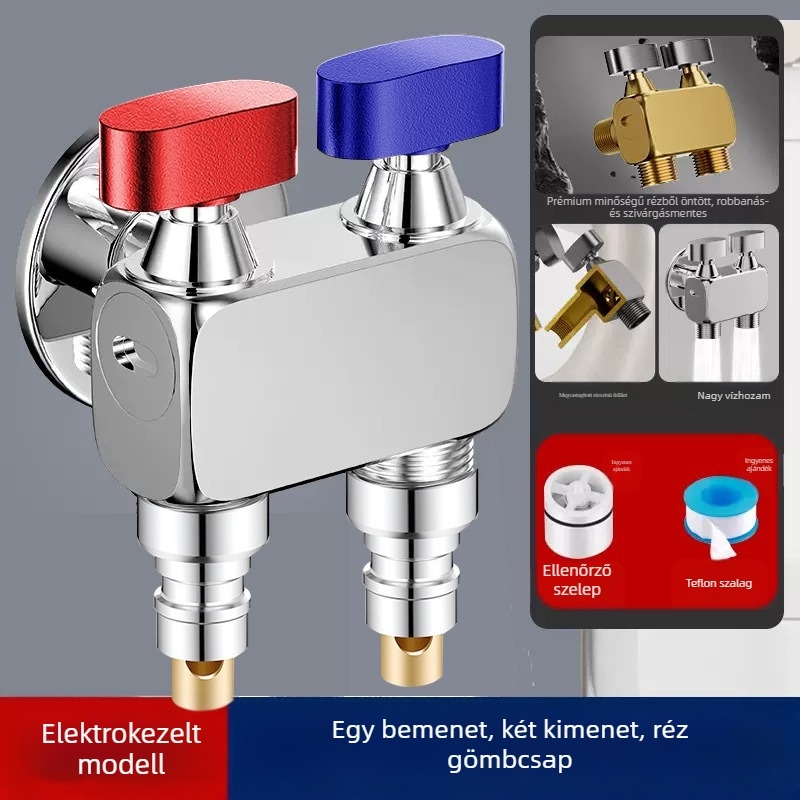 Szögletes csap mosógéphez, nagy átfolyású, 1 bemenet / 2 kimenetek, réz, falba építhető, vízleállító funkcióval