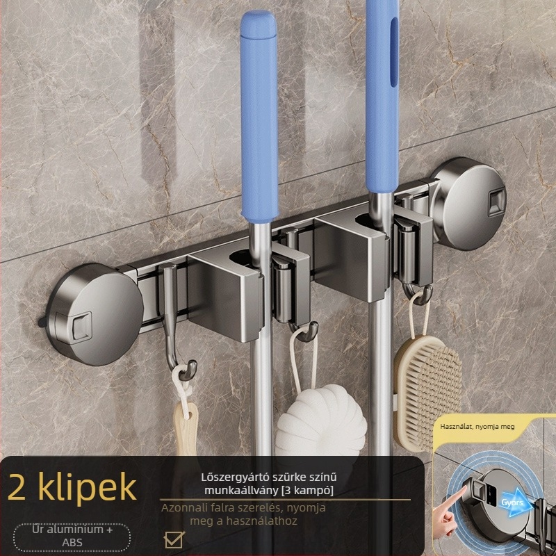 Alumíniumötvözet mop tartó, modern minimalist design; súly 0,6 kg; feldolgozás: műanyag bevonat permetezése + injektív öntés