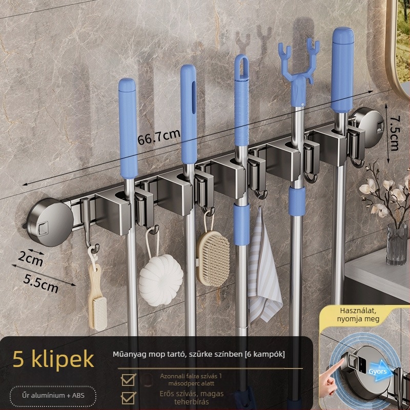 Alumíniumötvözet mop tartó, modern minimalist design; súly 0,6 kg; feldolgozás: műanyag bevonat permetezése + injektív öntés