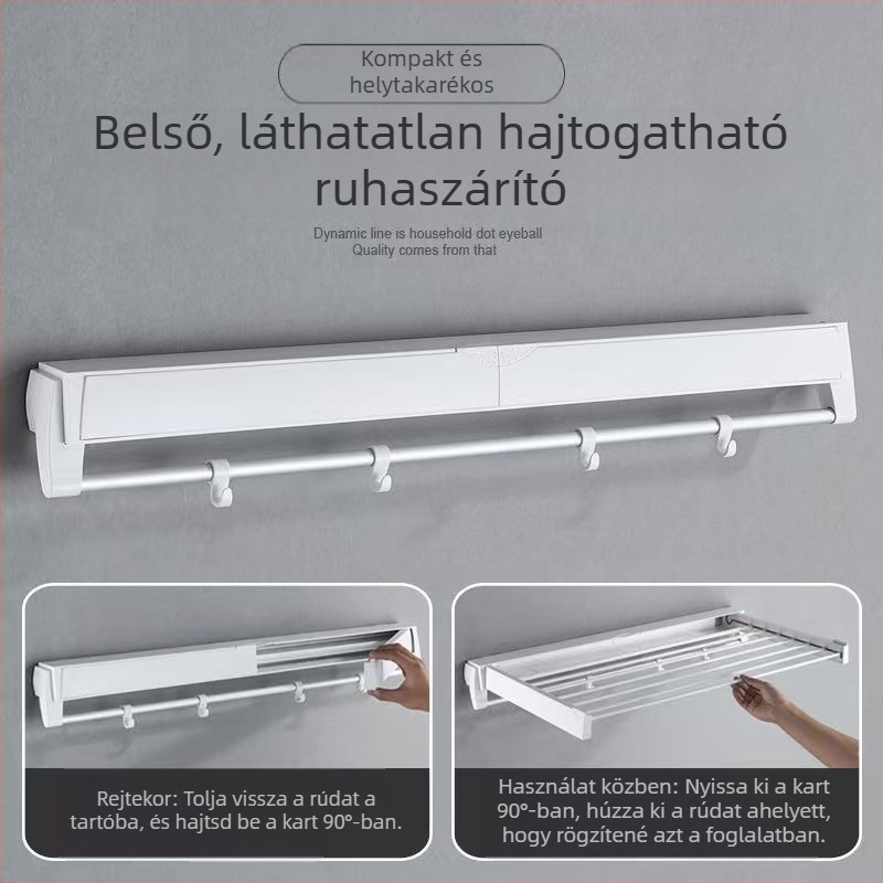 Függő ruhaszárító polc, egypólusú, fúrás nélküli telepítés, modern minimalist stílus, ABS+ alumínium cső