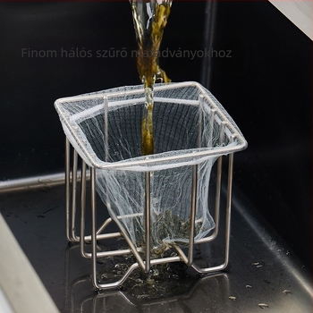 Rozsdamentes acél mosogató szűrő- és tárolóállvány beépített leeresztő kosárral — konyhai szervező