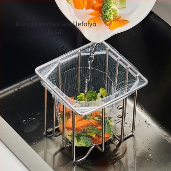 Rozsdamentes acél mosogató szűrő- és tárolóállvány beépített leeresztő kosárral — konyhai szervező