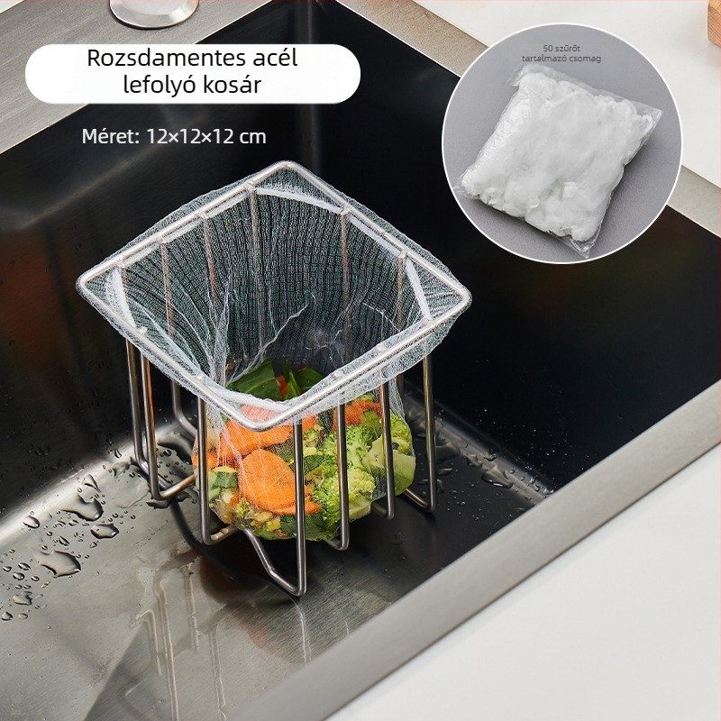 Rozsdamentes acél mosogató szűrő- és tárolóállvány beépített leeresztő kosárral — konyhai szervező