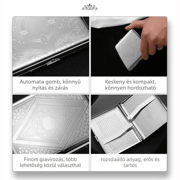 Cigarettatartó doboz – bőr-fém, 20 db-os kapacitás, hordozható, nyomásálló, modern minimalista stílus