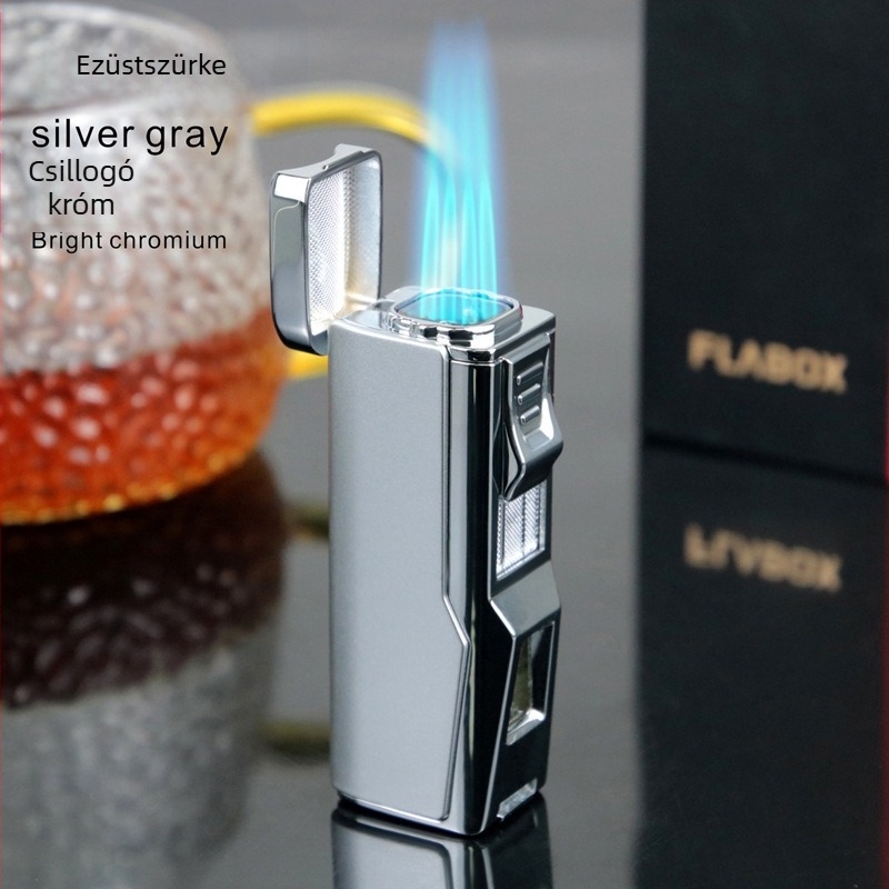 Fémes butános gyújtó, szélvédett, szivarvágóval és szivartartóval