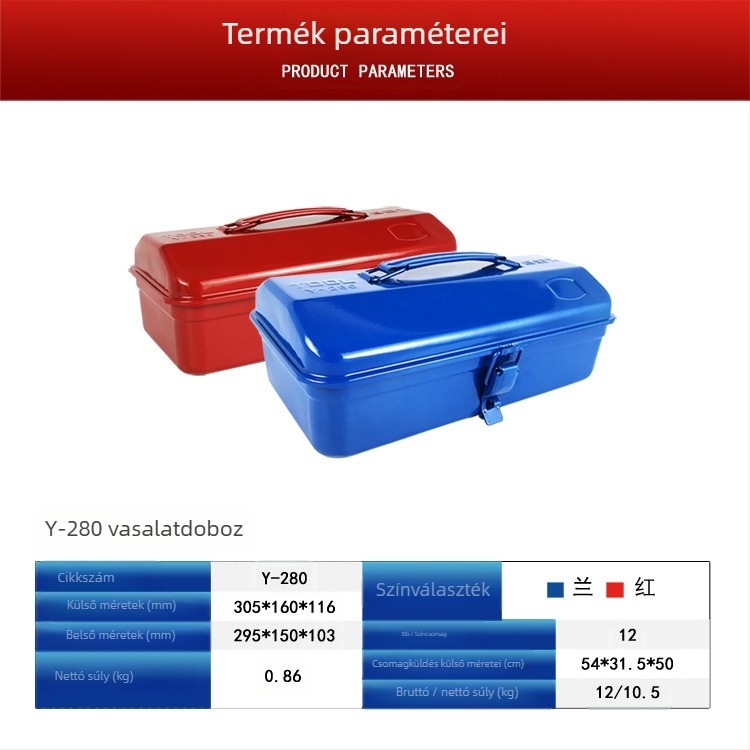 Y-280 fém szerszámtartó, hordozható acél doboz, hideg-hengerelt acél korpusz, teherbírás 10 kg