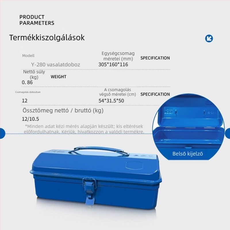 Y-280 fém szerszámtartó, hordozható acél doboz, hideg-hengerelt acél korpusz, teherbírás 10 kg