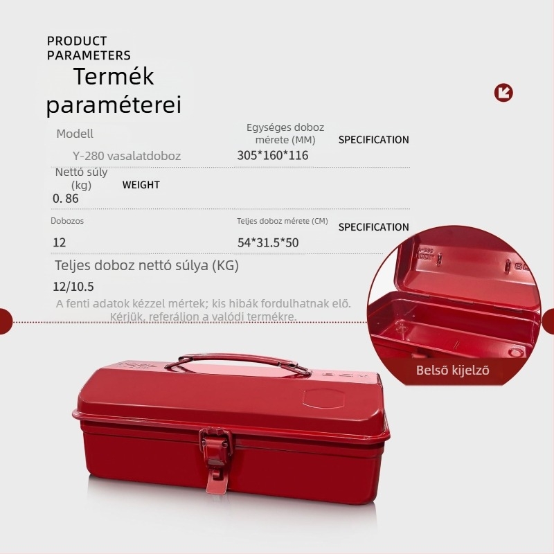 Y-280 fém szerszámtartó, hordozható acél doboz, hideg-hengerelt acél korpusz, teherbírás 10 kg