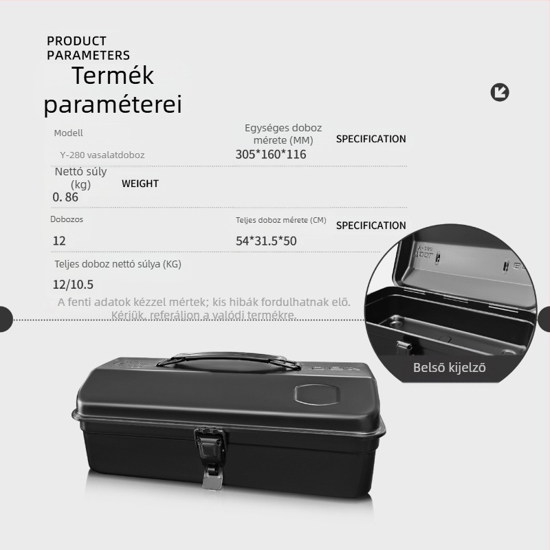Y-280 fém szerszámtartó, hordozható acél doboz, hideg-hengerelt acél korpusz, teherbírás 10 kg