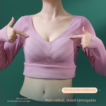 Női V-nyakú hosszú ujjú alsó réteg, csipkével, melltartó párnával, vastag poliészter anyag