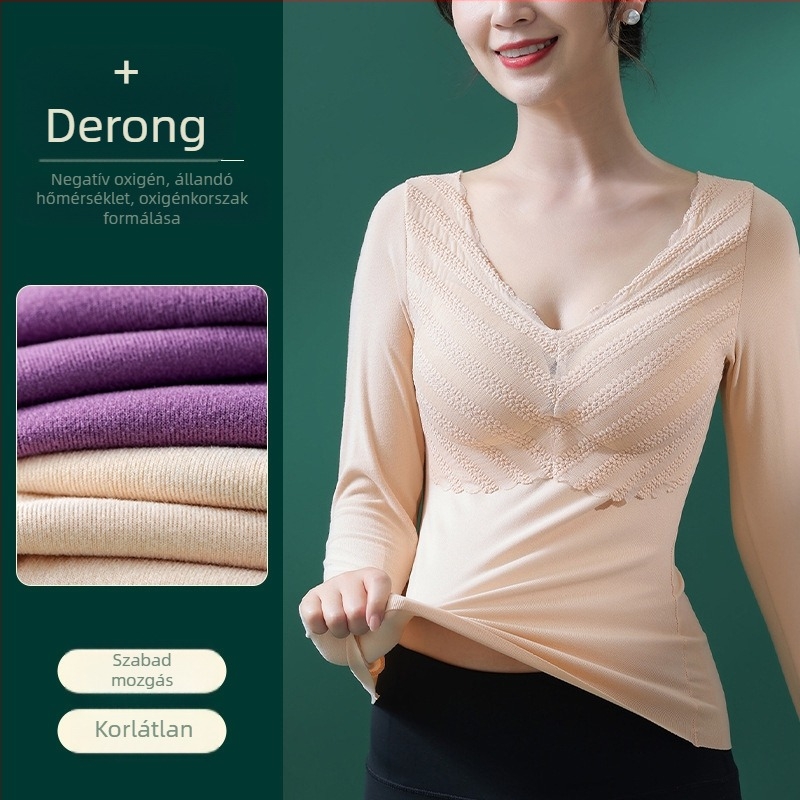 Női V-nyakú hosszú ujjú alsó réteg, csipkével, melltartó párnával, vastag poliészter anyag