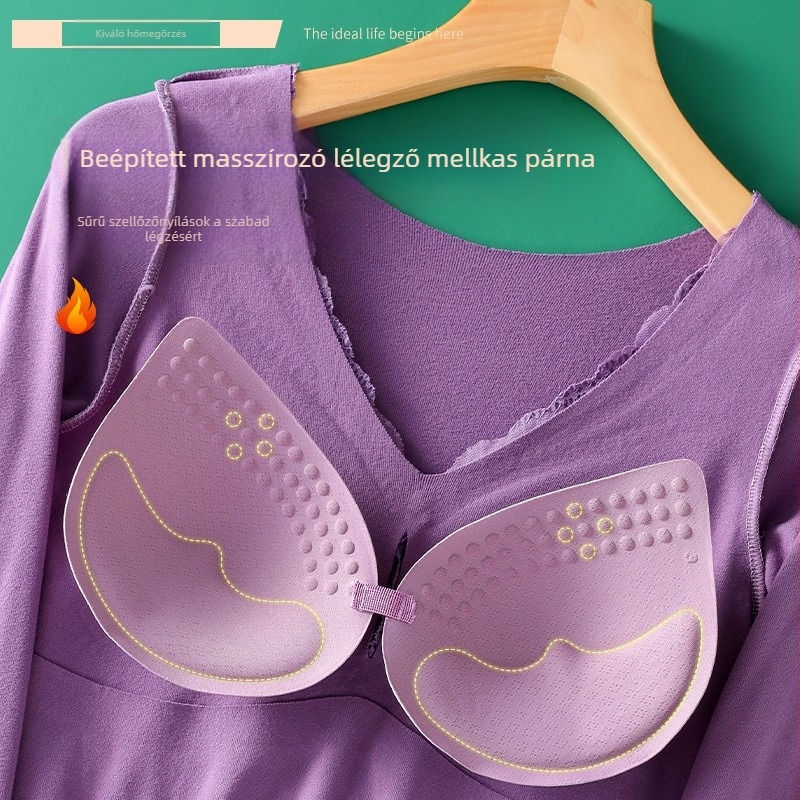 Női V-nyakú hosszú ujjú alsó réteg, csipkével, melltartó párnával, vastag poliészter anyag