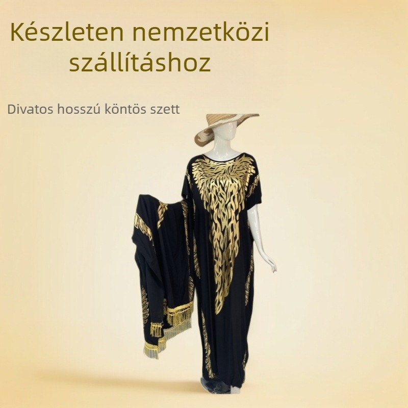 Muszlim afrikai/Közel-keleti köntös és fejkendő szett, pamut-selyem anyag, bronzolt felület, bő szabás, 3/4-es ujjak