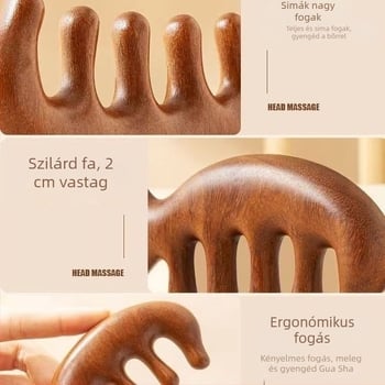 Szantálfa masszázs fésű a fejbőr és az arc masszírozásához, öt foga, meridián dizájn